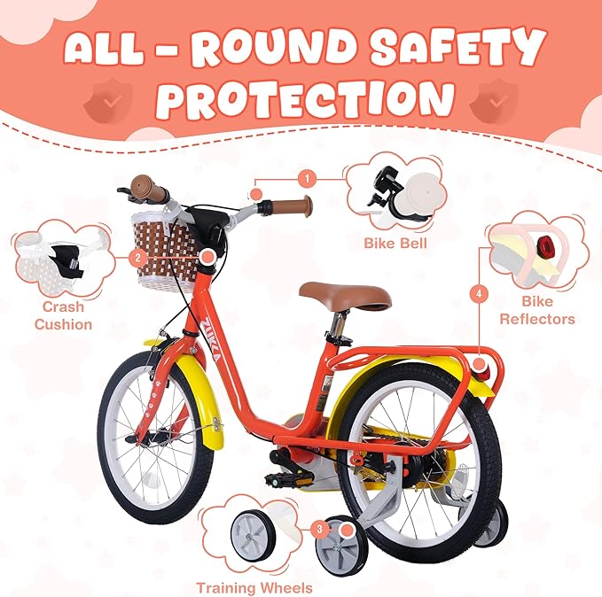 MEGHNA 16 inch Kids Bike Low - Step Through Frame Bike with Detachable Training Wheels Basket Adjustable Seat with Bell C Brake and Band Brake for 4-7 Years Old Child Boys Girls, Easy Ride