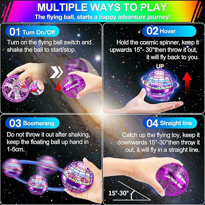 Flying Orb Ball Toy,2025 Upgraded Parachute LED,Magic Hand Controlled Flying Gravity Ball,Cosmic Globe Boomerang,Cool Christmas Birthday Gift for 6 7 8 9 10+ Year Old Boys Girls-Red & Purple