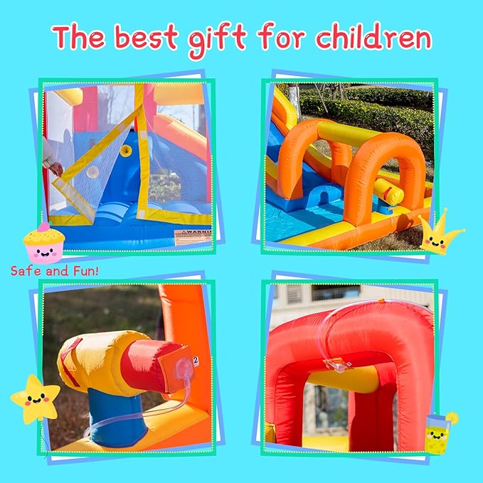 Baralir Inflatable Bounce House Water Park with Long Water Slide & Large Splash Pool Fits 5 Kids, Endless Fun of Jumping, Sliding, Climbing - Extra Cave and Tunnel Adventure and Water Cannon