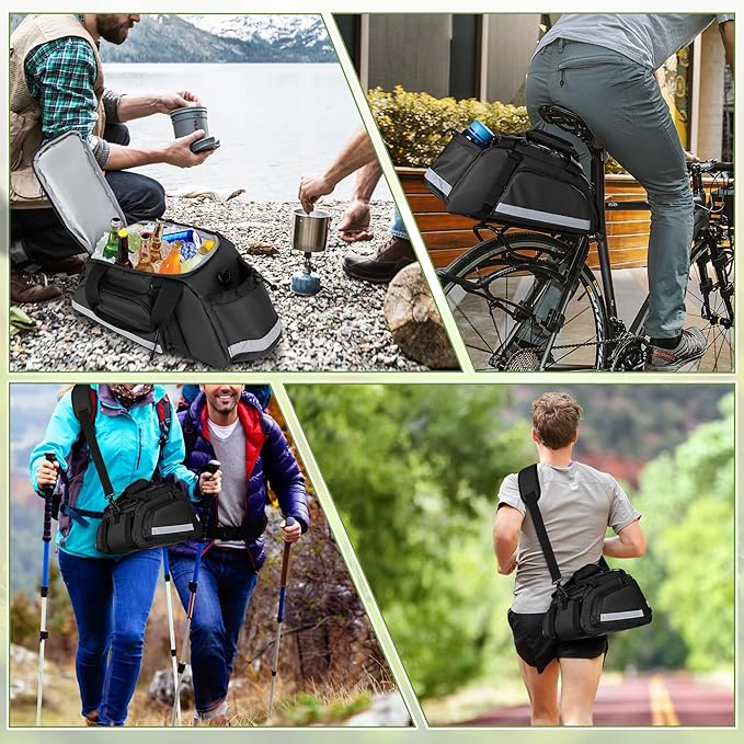 Bike Rear Rack Bag, Pannier Bags for Bicycles with 12L Capacity, Bike Trunk Cooler Bag with Reflective Strips, Reinforced Handle and Removable Shoulder Strap