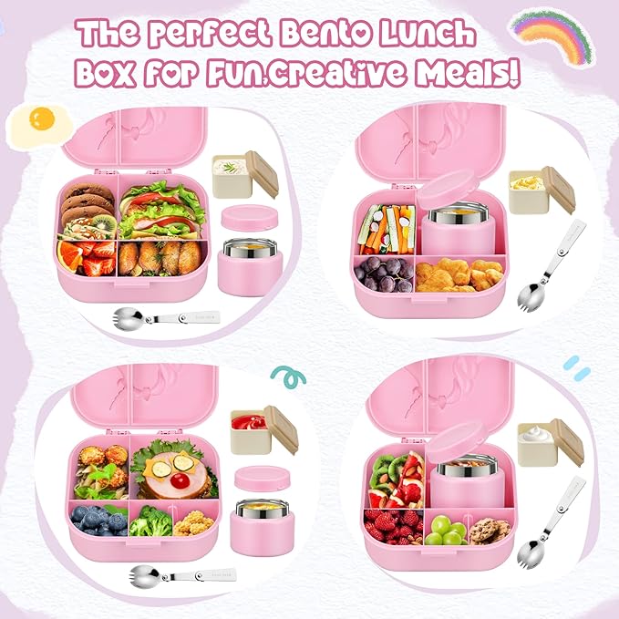 Kids Bento Lunch Box with 12oz Soup Thermo, Kids Leakproof Lunch Food Containers with 4 Compartment,Insulated Hot Food Jar with Lunch Bag for School, Travel (Pink+Pink Jar)