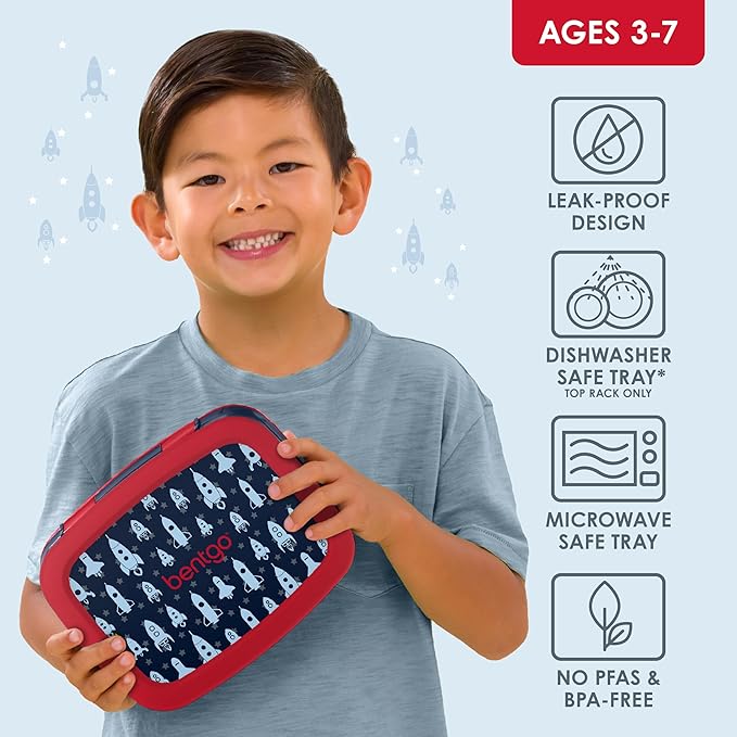 Bentgo Kids Prints Leak-Proof, 5-Compartment Bento-Style Kids Lunch Box - Ideal Portion Sizes for Ages 3-7, Durable, Drop-Proof, Dishwasher Safe, & PFAS & BPA-Free Materials (Rocket)