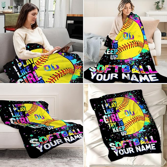 Personalized Softball Throw Blanket for Teens - 50x60 Inches Plush Softball Blankets for Girls - Black Warm Soft Throws for Sofa, Bed & Travel