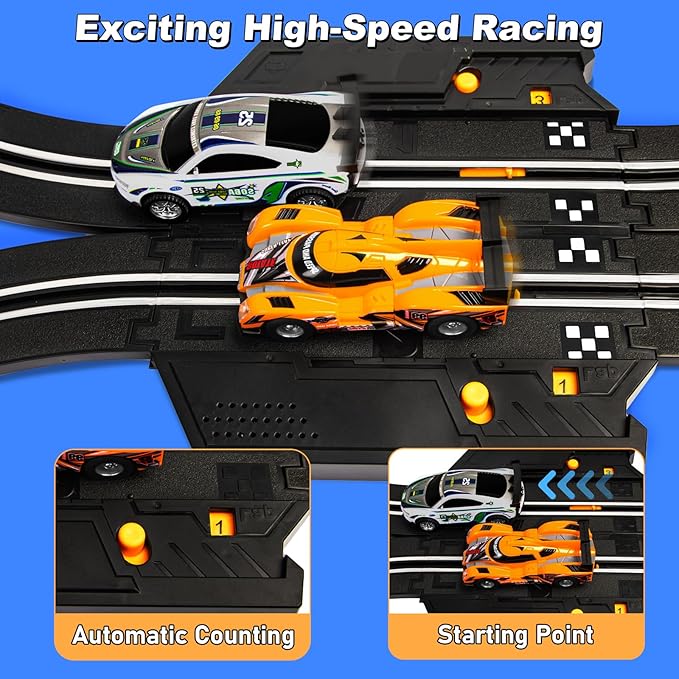 Electric Slot Car Race Track Sets - 1:43 Race Car Track Sets with 4 Slot Cars with Headlights, 2 Hand Controllers, Dual Racing Game Lap Counter, Birthday, Toys for Kids