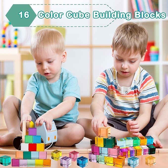 24 Pcs Rainbow Blocks Cubes Acrylic Crystal Stacking Gem Cubes Toys Building Blocks Light Shadow Educational Sensory Training for Students Learning Boys Girls Play