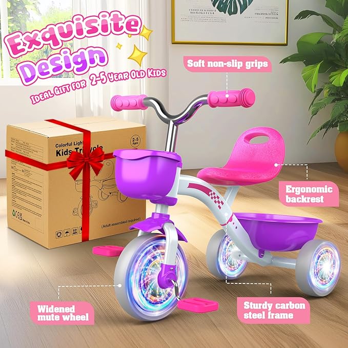 Toddler Tricycle for 1-3 3-4 Year Olds, Toddler Toys Baby Bike, Toys for Ages 2-4, 3-Level Adjustable Seat, 3 Colorful Lighting Wheels, 2 3 4 Year Old Girl Birthday Gifts