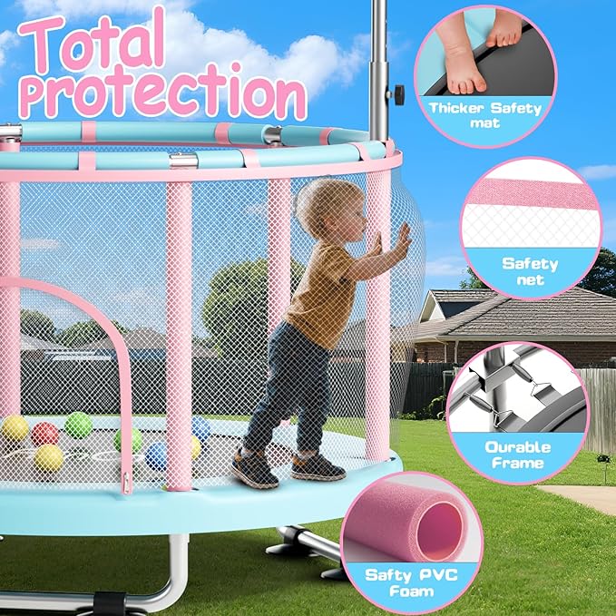 55" Toddler Mini Trampoline for Kids, Indoor Outdoor Toys with Swing, 440lbs Baby Kids Trampoline, Gymnastics Bar, Birthday Gifts for Boy Girl Age 1-8