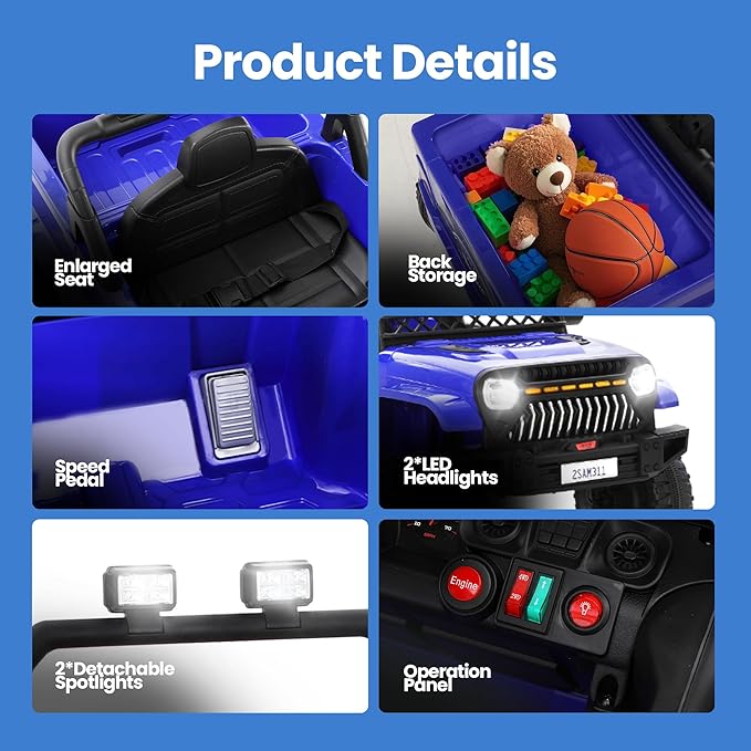12V Power Wheels Jeep for Kids - Ride On Truck Car w/2WD/4WD Switch w/Parent Remote Control, 6 Wheels Suspension Electric Car for Kids, Blue