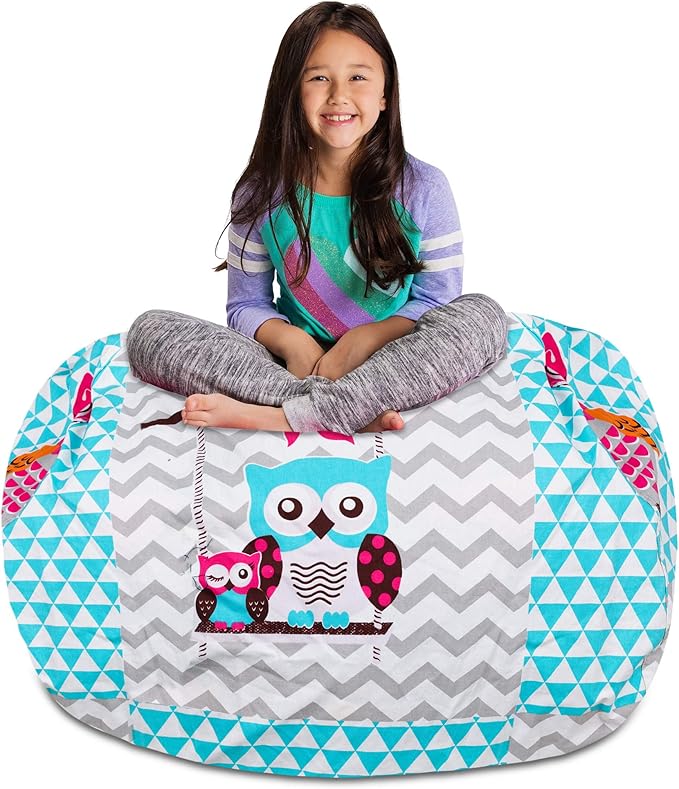 Posh Stuffable Kids Stuffed Animal Storage Bean Bag Chair Cover - Childrens Toy Organizer, X-Large-48 - Canvas Owls White and Blue