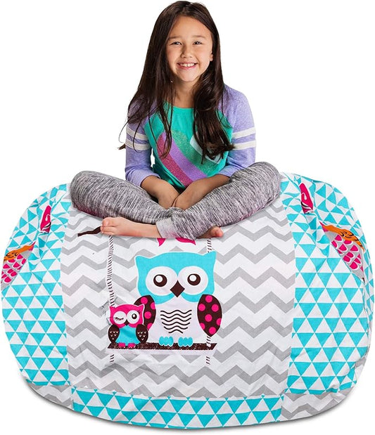 Posh Stuffable Kids Stuffed Animal Storage Bean Bag Chair Cover - Childrens Toy Organizer, X-Large-48 - Canvas Owls White and Blue