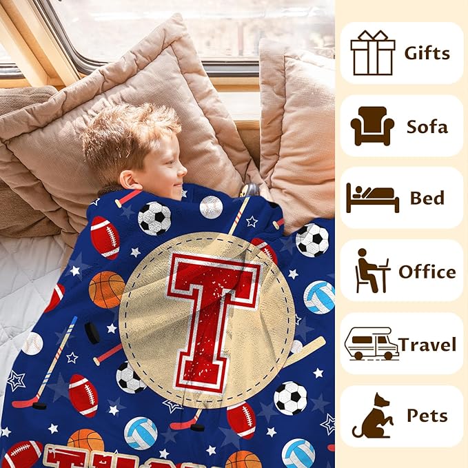 Sport Blanket Gifts for Kids Toddler Teens Sports Lovers, Personalized Throw Blanket with Name Initial Letter for Boys, Custom Soft Fuzzy Blankets for Bed Couch Sofa Decor