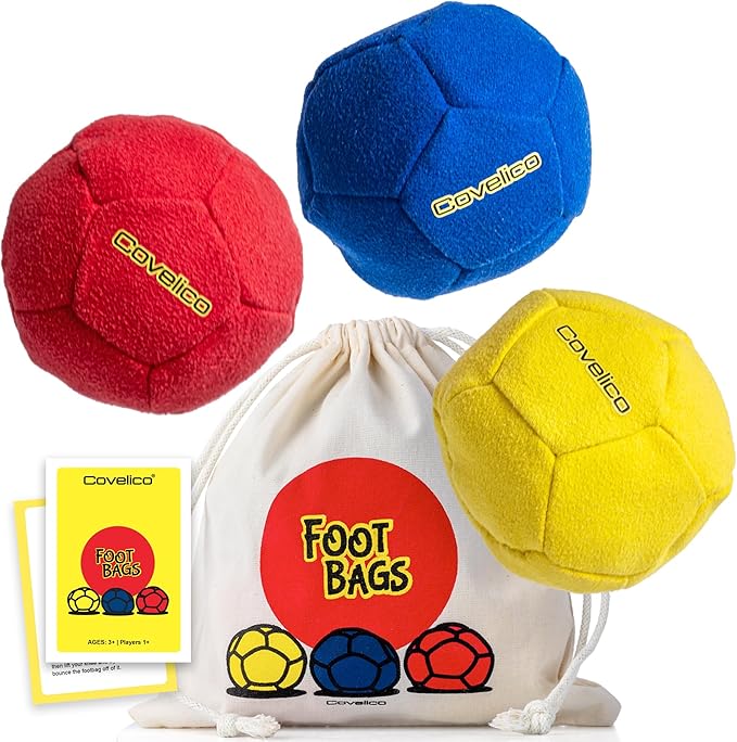 Footbag Hacky Set of 3 for Kids, Teens & Adults. Yellow, Blue & Red Sack - Each 2.28 inch, 1.6oz, Durable Dual Layered Synthetic Suede, Instructions & Stylish Bag, Solo or Group Footbag Game