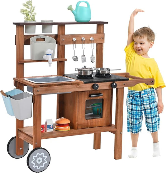 OLLIKIVI Mud Kitchen for Kids Outdoor, Wooden Play Kitchen with Removable Sink, Faucet, Storage Shelves, Backyard Garden Toddler Kitchen Playest, Kitchenware, Stove, Gift for Boys and Girls