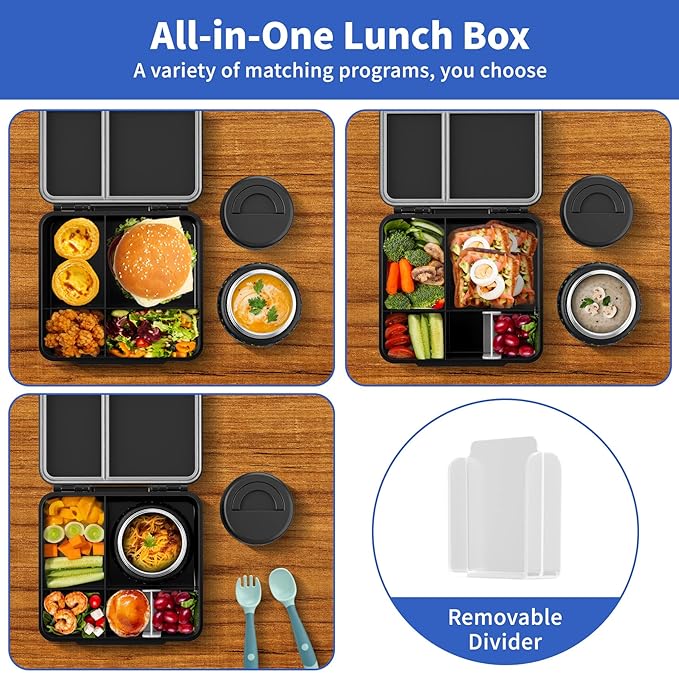 Bento Box for Kids with Thermo Food Container (9oz), 4-Compartment Lunch Box, Adjustable Divider, Leakproof Bento Lunch Box, Includes Utensils & Carry Bag for School, Office(Black-Game)