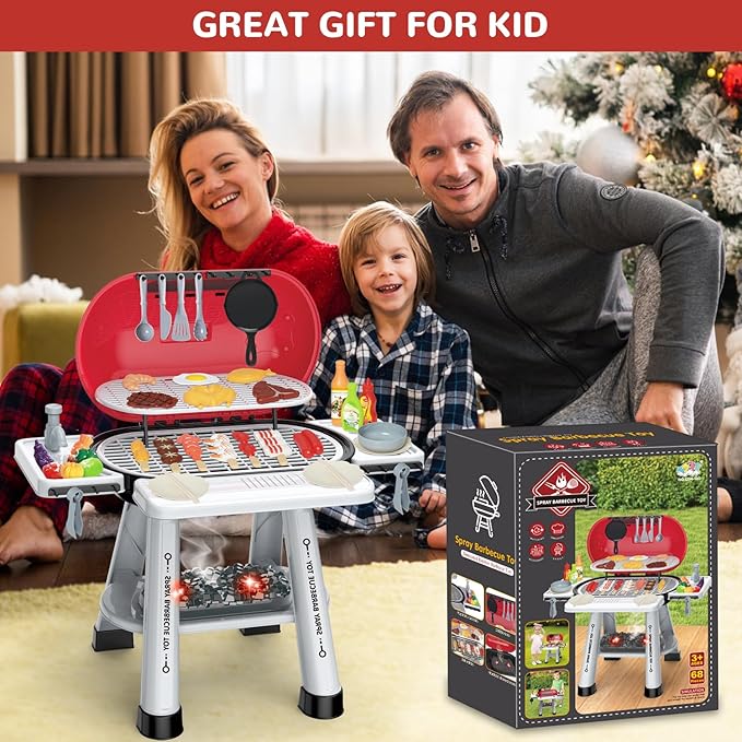 Kids Play Grill Kitchen Toys: BBQ Outdoor Toys Play Grill Set with Smoke Sound Light, Pretend Play Food Toy Cooking Set Kids Outdoor Grill Playset, 2 Layer Barbecue Gifts for 4-8 Boys Girls