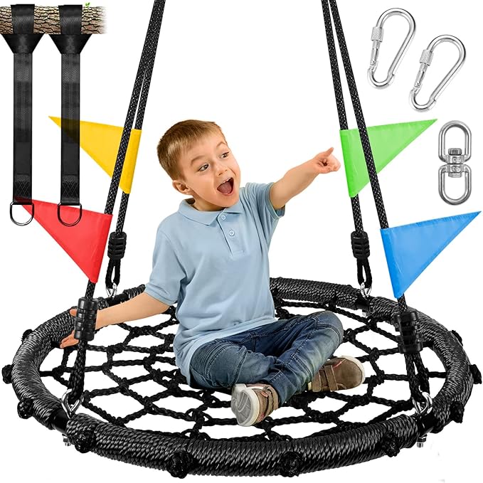 Odoland Spider Web Platform Swing, Outdoor Saucer Net Swings, 900D Oxford for Kids & Adults - Backyard Round Swing with Rope Straps & Turnbuckle, 24in, Black