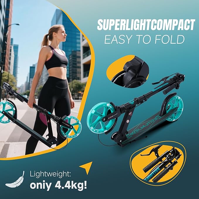 Kick Scooter for Kids Ages 8+ Teens & Adults, with Front handbrake and Rear Brake, and Adjustable Handlebars, Big Sturdy PU Flash Wheels Great Gift & Toy