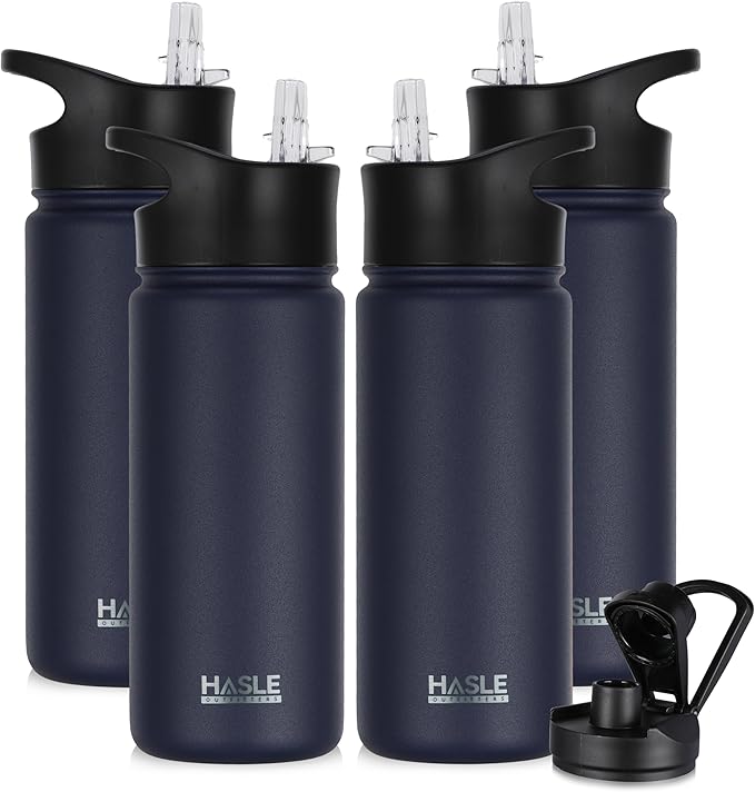 HASLE OUTFITTERS Insulated Water Bottle 16 oz Double Wall Vacuum Stainless Steel Water Bottle Leak Proof for School Wide Mouth with Straw Lid & Spout Lid Keeps Cold and Hot(Navy,4pack)