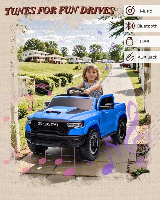 First Ride On 12V Kids Electric Vehicles, Licensed Ram 1500 RHO Kids Ride on Truck with Remote Control, Ride on Car for Children with Smooth Start, Truck Bed Storage, Bluetooth, Aux Port (Blue)
