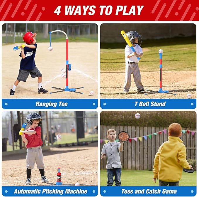 QDRAGON 4 in 1 Tball Set for Toddlers 3-5 with Toss and Catch Ball Set/ 2 Bats, Hanging Tee Ball Stand with Auto Pitching Machine, Indoor Outdoor Sport Toys Christmas Birthday Gifts for Boys Girls