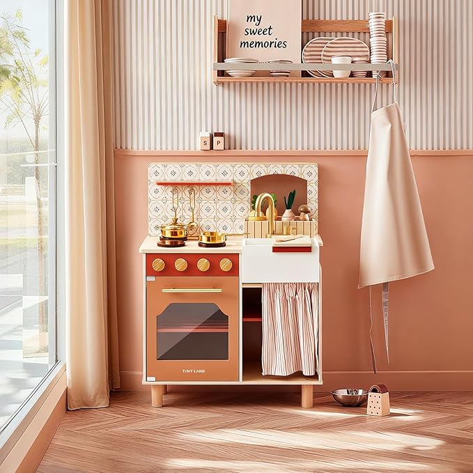 Tiny Land Play Kitchen, Kids Kitchen Playset, Toddler Kitchen with Cutting Food Set, Wooden Kitchen Sets for Kids, Best Gift for Girls and Boys