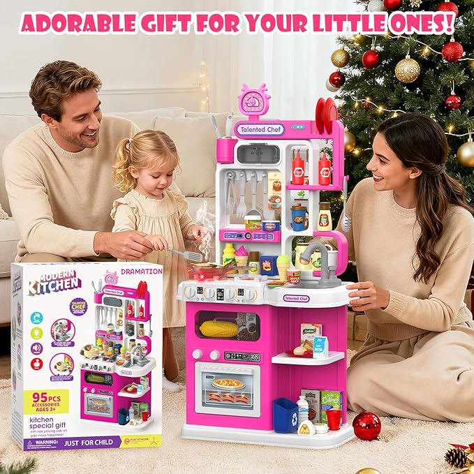 Kids Kitchen Playset, 36.22'' Play Kitchen for Toddlers 1-3 with Steam, Sound & Light, Cooking Stove, Play Sink, Oven and Toy Kitchen Accessories, Kitchen Set for Toddlers Girls 3 4 5 (Pink)