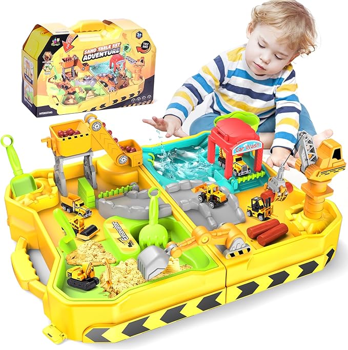 Construction Sandbox with 4 Trucks & Sand/Water Play-Foldable Portable Design Portable Beach & Backyard Toy for Ages 3-12, Outdoor Engineering Set with Rotating Crane for Kids