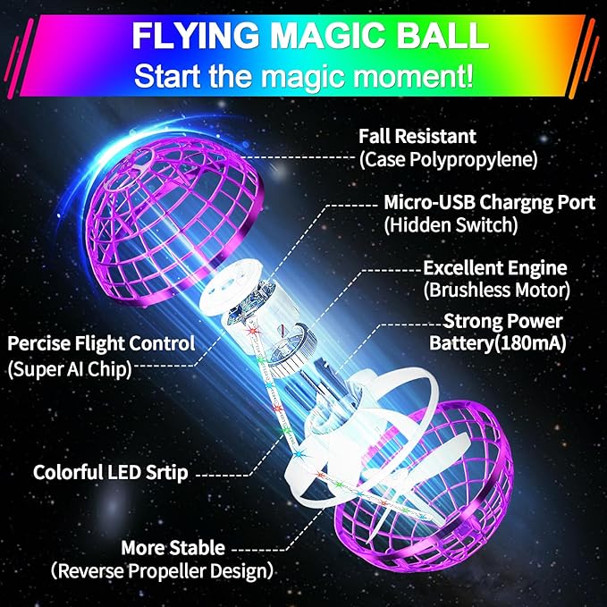 Flying Orb Ball Toy,2025 Upgraded Parachute LED,Magic Hand Controlled Flying Gravity Ball,Cosmic Globe Boomerang,Cool Christmas Birthday Gift for 6 7 8 9 10+ Year Old Boys Girls-Blue & Purple