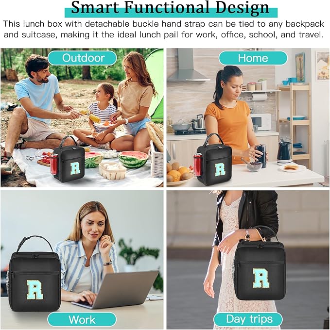 Initial Insulated Lunch Bag, Lunch Box with Initial Letter Patch for Teen Adult, Reusable Lunch Bag for Men Women, Ideal Back to School Gift Birthday Gift, Blue R