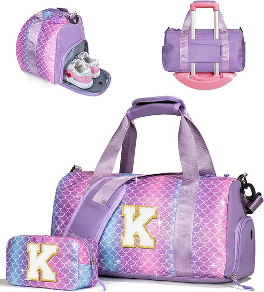 Girls Cheer Up Gifts-Girl Gym Bag with Shoe Compartment, Kid Personalized Weekender Overnight Bags, Initial Travel Tote with Makeup Pouch, Graduation Gift for Niece Kids Daughter (Letter K)
