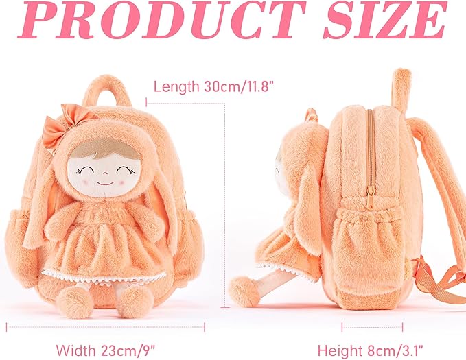 Gloveleya Back to School Gifts for Girls Toddler Backpack Plush Bag with Detachable Orange Rabbit 11 Inches Gift for Baby Girl Aged 2+