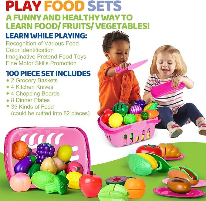 Shemira 100 PCS Cutting Play Food Toy for Kids Kitchen, Pretend Food Toys for Toddlers, Play Kitchen Toys Accessories with 2 Baskets, for 3 4 5 Years Old Boys Girls, Pink