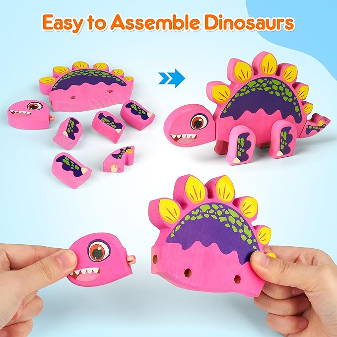 Mocoosy Wooden Dinosaur Painting Art and Craft Kit for Kids 3-5, Build & Decorate Your Own Dinos with Paint and Stickers, Wood Dinosaur T-Rex STEM Game Montessoi Toys Educational Gift for Boys Girls