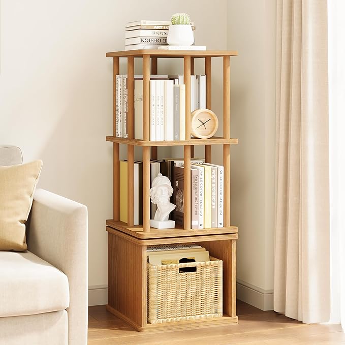 IOTXY 3-Tier Rotating Bookshelf Tower - Beech Wood Frame Spinning Bookcase with Storage Base, Compact Freestanding Revolving Shelf Organizer, Oak