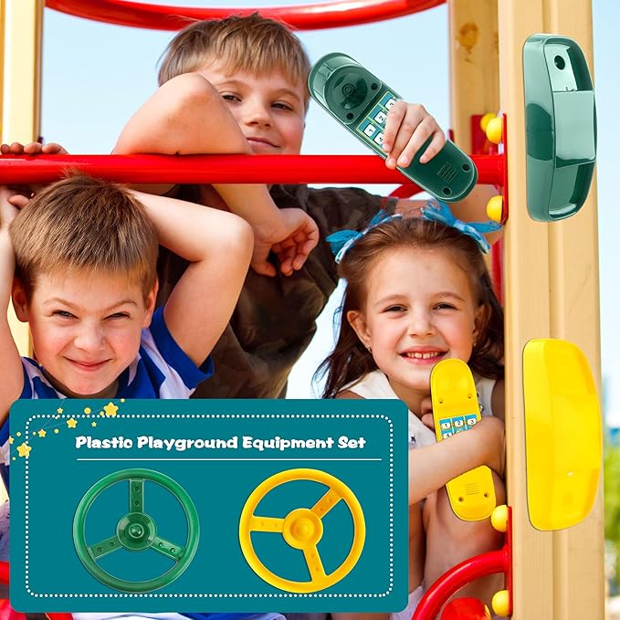 4 Pack Playground Accessories for Kids Outdoor Playground Steering Wheel Priate Ship Wheel Plastic Telephone Phone Toy Swing Set for Playground Backyard Playhouse Tree House (Green,Yellow)