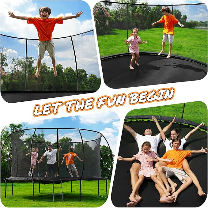 10FT 12FT 14FT 15FT 16FT Outdoor Trampoline with Enclosure Net, Heavy Duty Yard Trampolines, ASTM Approval Recreational Trampolines for Kids and Adults