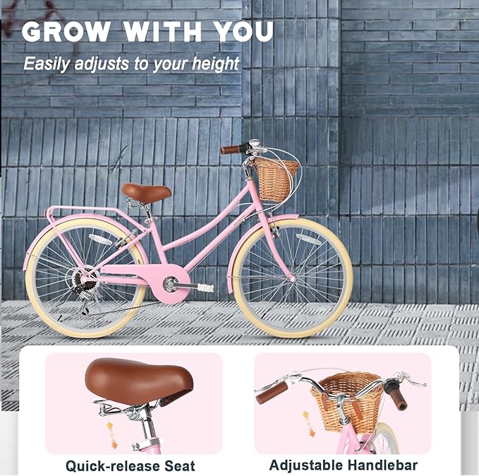 Glerc 20 24 26 Inch Beach Cruiser Bike, 6-Speed Hybrid City Bicycle for Girls Youth and Over 6 Years Old, Missy Bike with Wicker Basket & Lightweight, Multiple Colors