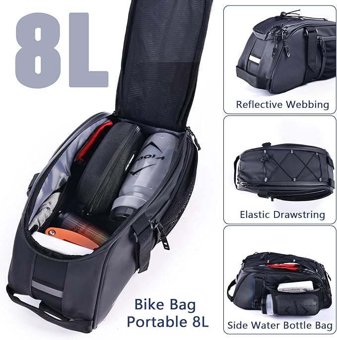 ZIMFANQI Bike Rear Bag Reflective,Water Resistant Bicycle Pannier Rack Bag Cargo Trunk Storage Cycling Carrier Chest Bag,8L Capacity with Multi Pocket Taillight Loop,Shoulder Strap for Outdoor
