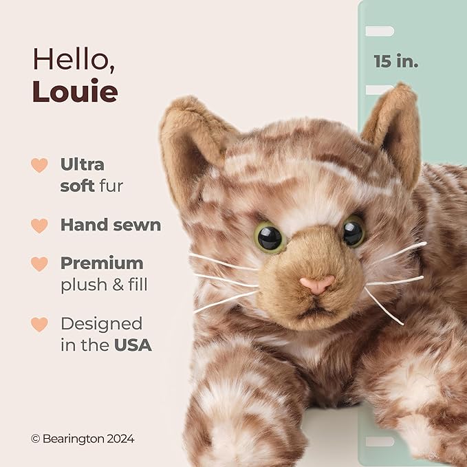 Bearington Collection Louie Cat 15-Inch Tabby Plush Toy - Realistic Cat Stuffed Animal & Plushies for Kids