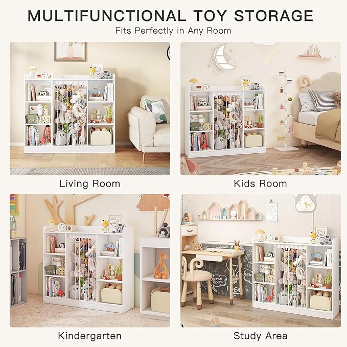 Wooden Stuffed Animal Storage, Toy Storage Organizer with 6 Cubbies, Kids Bookshelf Toy Shelf for Playroom, Nursery, and Bedroom