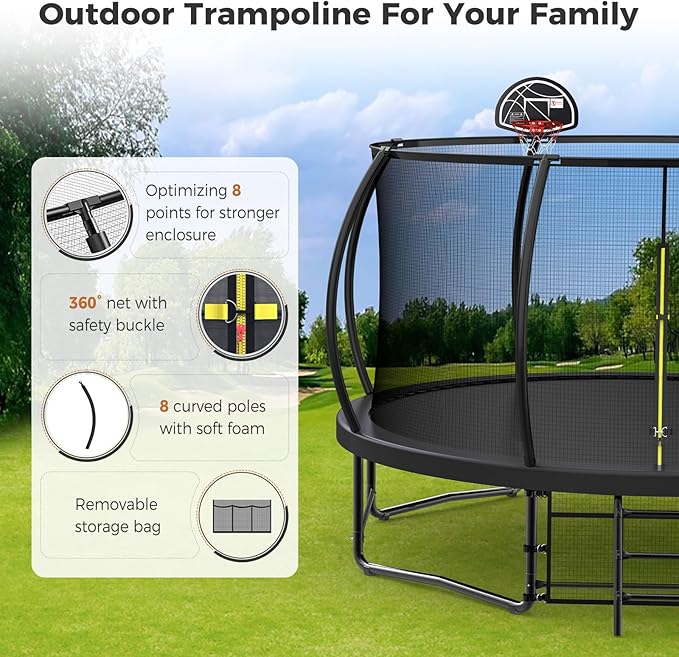 Tatub Large Trampolines Outdoor 10 12 14 15 16FT for Kids and Adults,Outdoor Recreational Pumpkin Trampolines with Curved Poles and Safety Enclosure Net, Basketball Hoop, Ladder