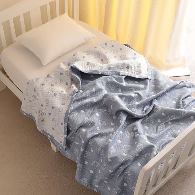 NTBAY 3 Layer Muslin Cotton Toddler Blanket, Jacquard Reversible Nursery Bed Blanket, Super Soft and Thermal for All Seasons, Decoration Gift, 30"x40", Blue Rabbit