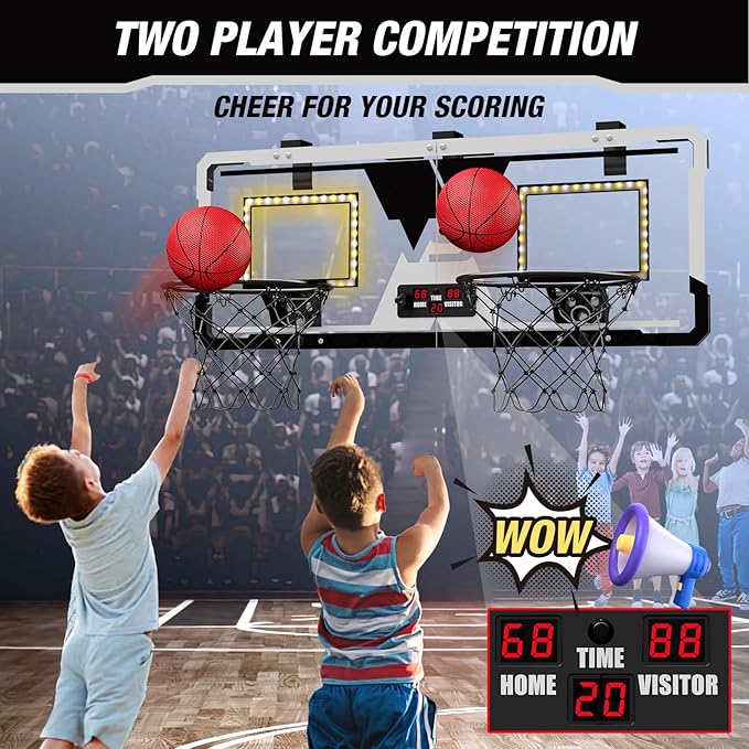 2 Player Basketball Game, Dual Shot Over The Door Mini Basketball Hoop Indoor with Scoreboard & LED, Basketball Toy Gifts for Kids Boys Girls Adults, Suit for Bedroom/Office/Outdoor/Pool, Black
