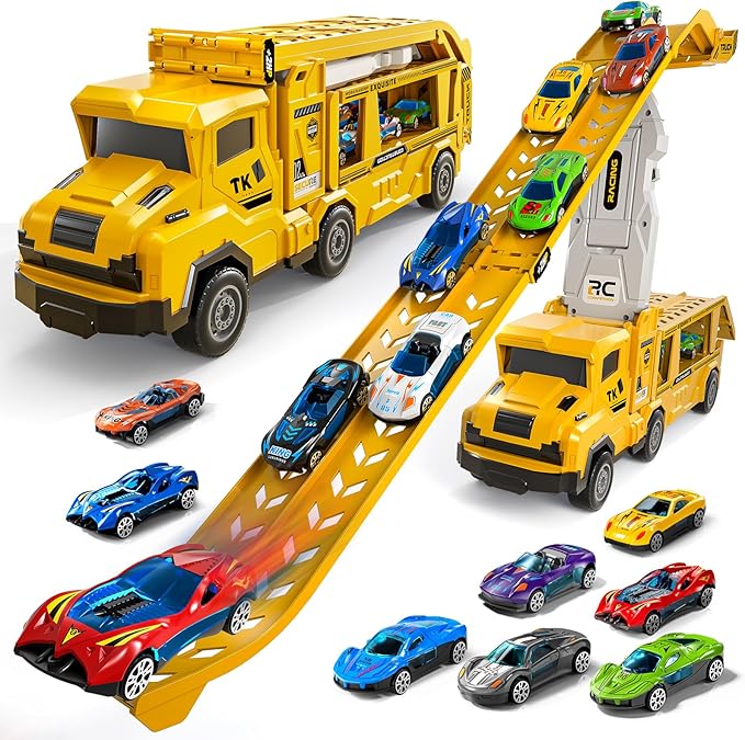 Transport Truck Toys for 3 4 5 6 7 Years Old Boys,Toy Cars Track Set Transporter Trucks with 12 Die-Cast Car Toys 2 Race catapults Dual-Track Model,Toddler Set for Kids Boys Girls,Yellow