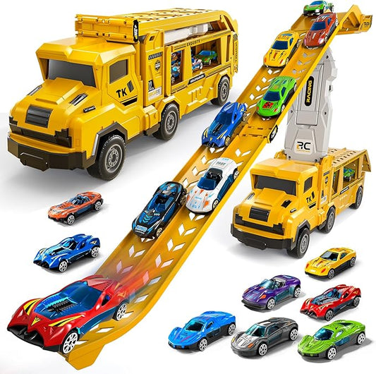 Transport Truck Toys for 3 4 5 6 7 Years Old Boys,Toy Cars Track Set Transporter Trucks with 12 Die-Cast Car Toys 2 Race catapults Dual-Track Model,Toddler Set for Kids Boys Girls,Yellow