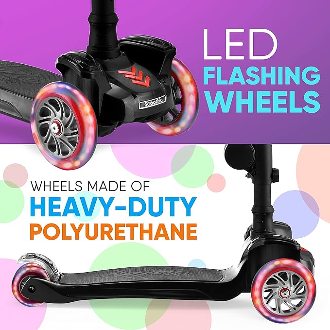 Hurtle 3-Wheeled Scooter for Kids - Wheel LED Lights, Adjustable Lean-to-Steer Handlebar, and Foldable Seat - Sit or Stand Ride with Brake for Boys and Girls Ages 1-14 Years Old