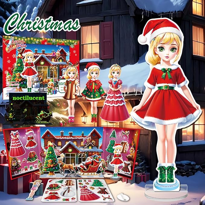 Christmas Magnetic Dress Up Dolls for Girls, Santa's Helper & Elf Princess Dress Up Toy Set with 3D Winter Scene, Travel Christmas Activity, Perfect Holiday Birthday Gift for Toddler Girls Ages 3-7