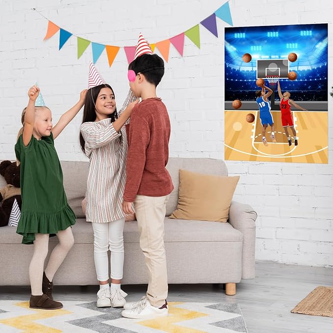 PLULON Basketball Party Game for Kids Pin The Basketball on The Hoop Game Basketball Poster with Basketball Stickers for Boys Girls Birthday Party Wall Decorations Classroom Activities