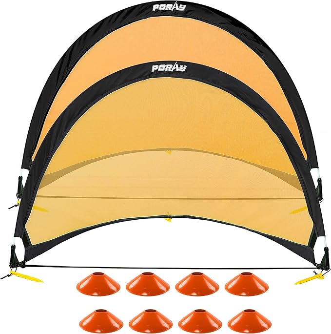 Poray Soccer Goal for Kid Easy-up Set of Two Portable Soccer Net 210D Oxford with 8 Field Marker Cones Extra Stakes Fun for Backyard and Soccer Training
