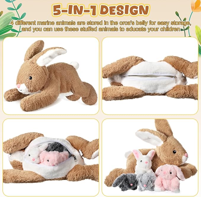 Syhood 5-Piece Bunny Stuffed Animal Set: Mommy Bunny Plush Doll with 4 Babies - Cute Fluffy Plush Rabbits for Huggable Sleeping, Holiday, Birthday Gifts